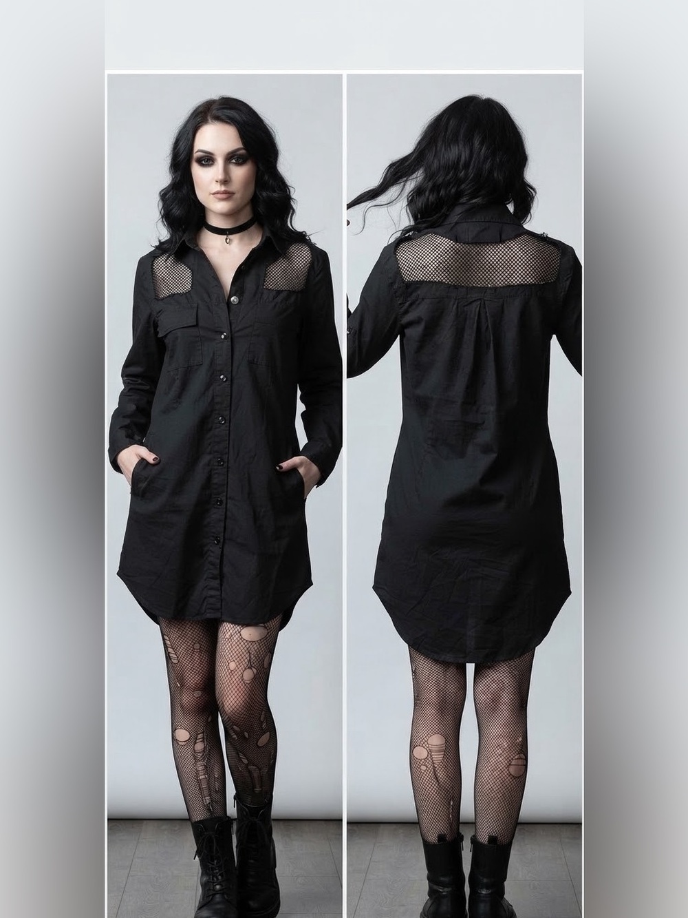 Thrill Button Up Mesh Cutout Top Sz S Zombie Alternative Raw Hem High Low Black